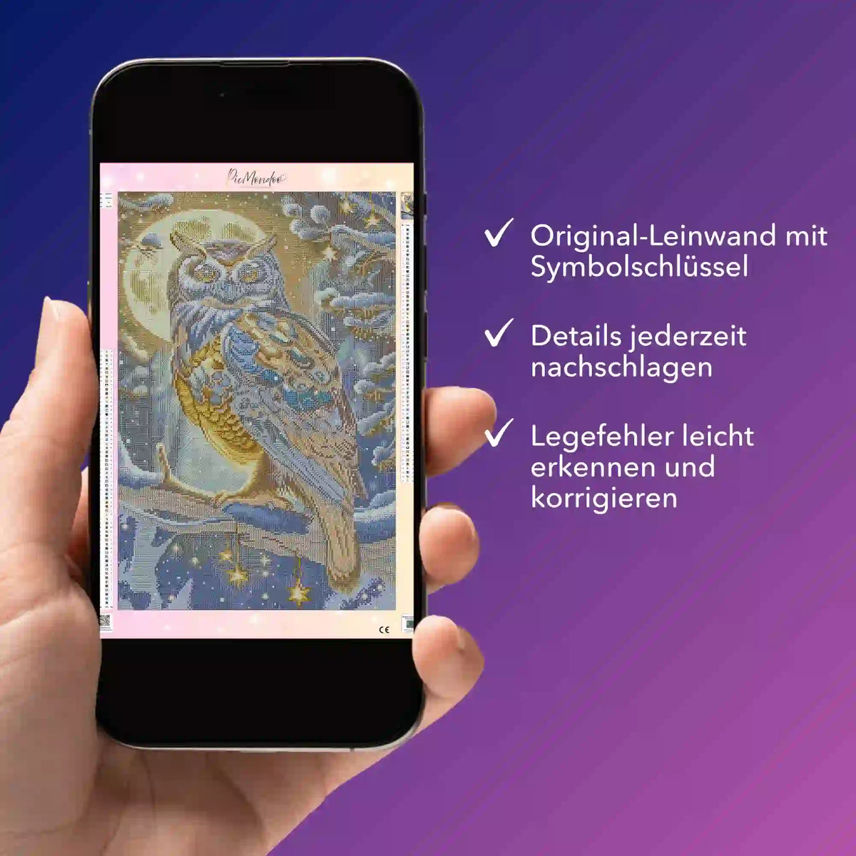 Digitale Diamond Painting Bildmappe als PDF für das Eulen-Motiv auf einem Smartphone zur Hilfe beim Legen