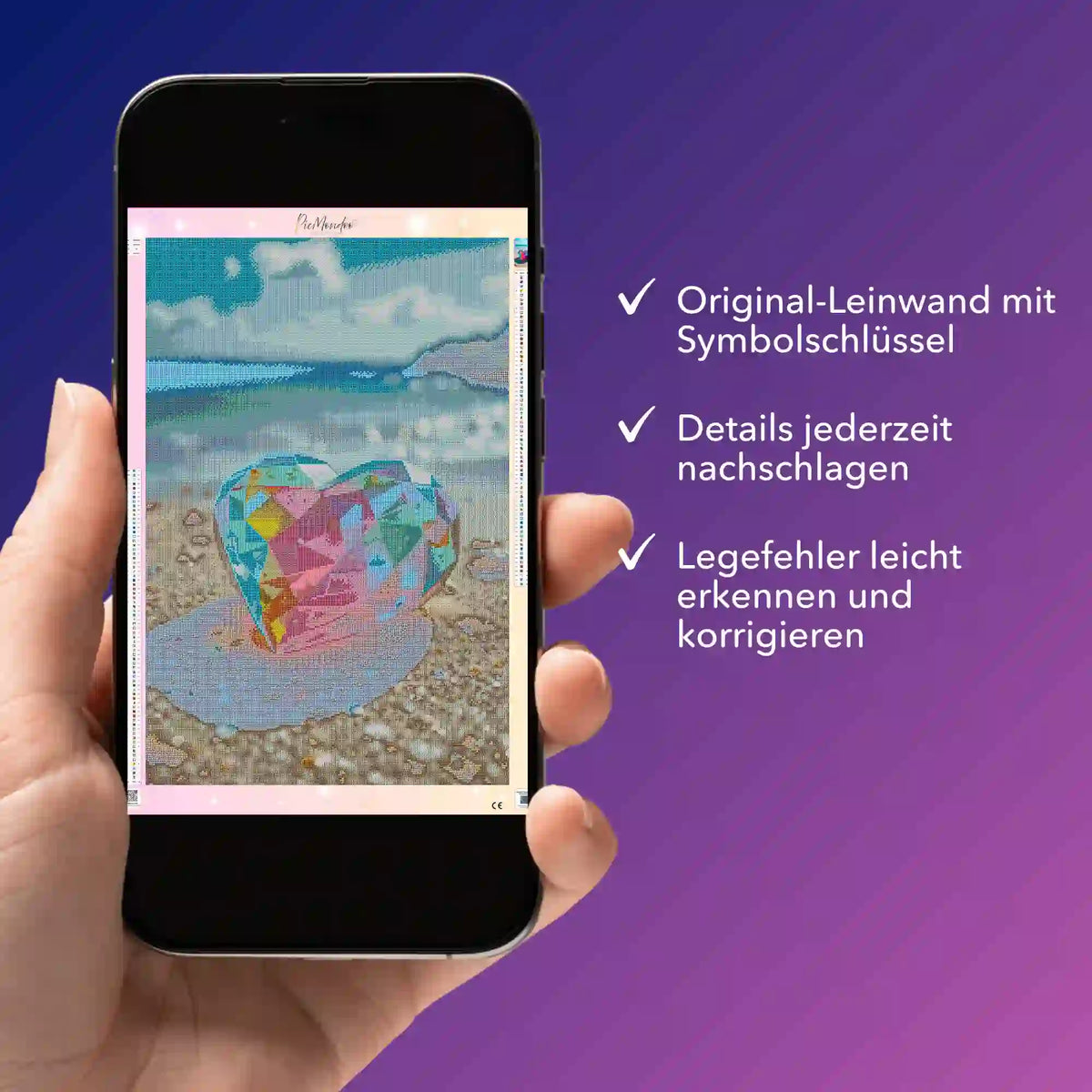 Digitale Diamond Painting Bildmappe als PDF auf Smartphone zur Kontrolle des Crystal Heart Motivs