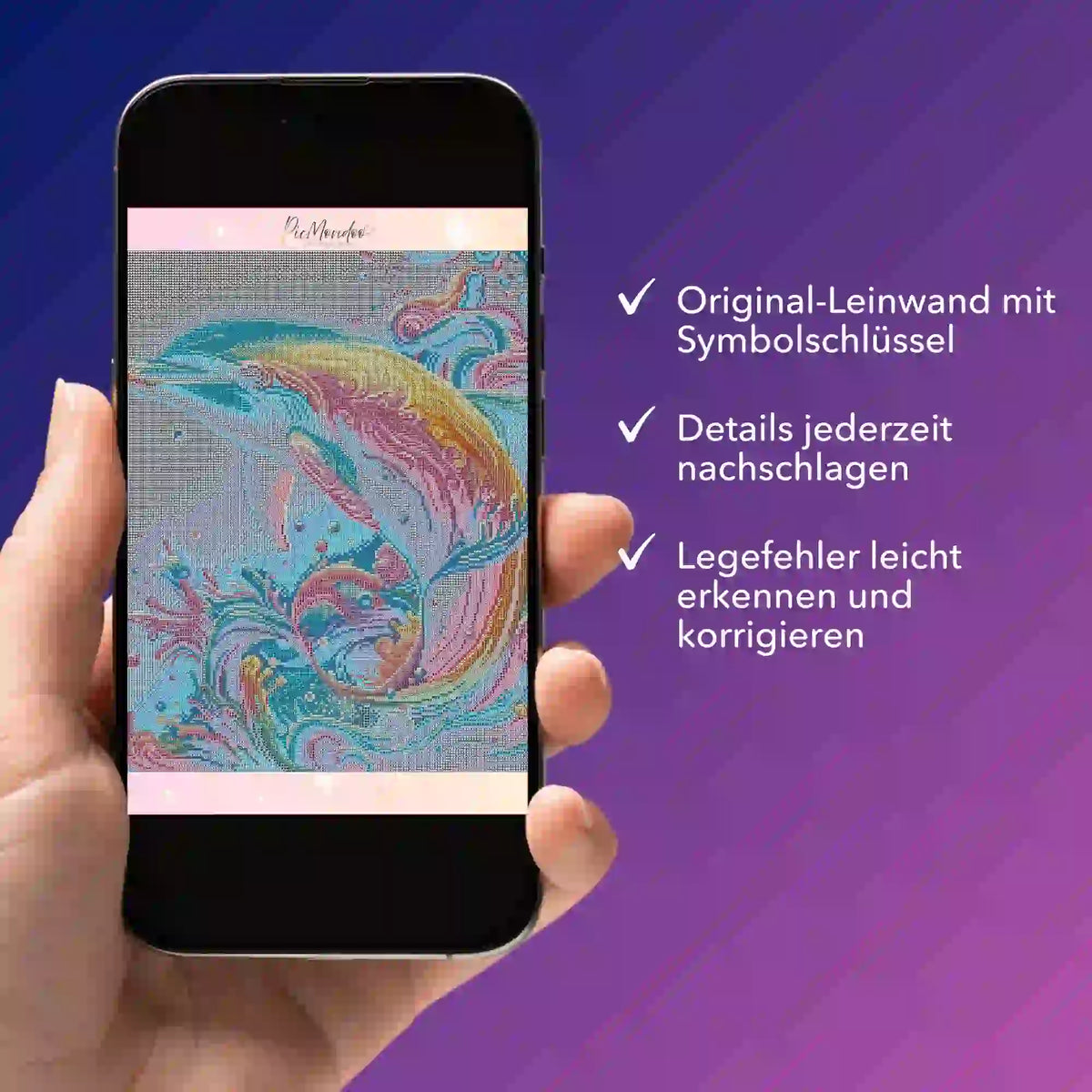Digitale Diamond Painting Bildmappe als PDF für Delfin im Farbenmeer auf dem Smartphone-Display präsentiert
