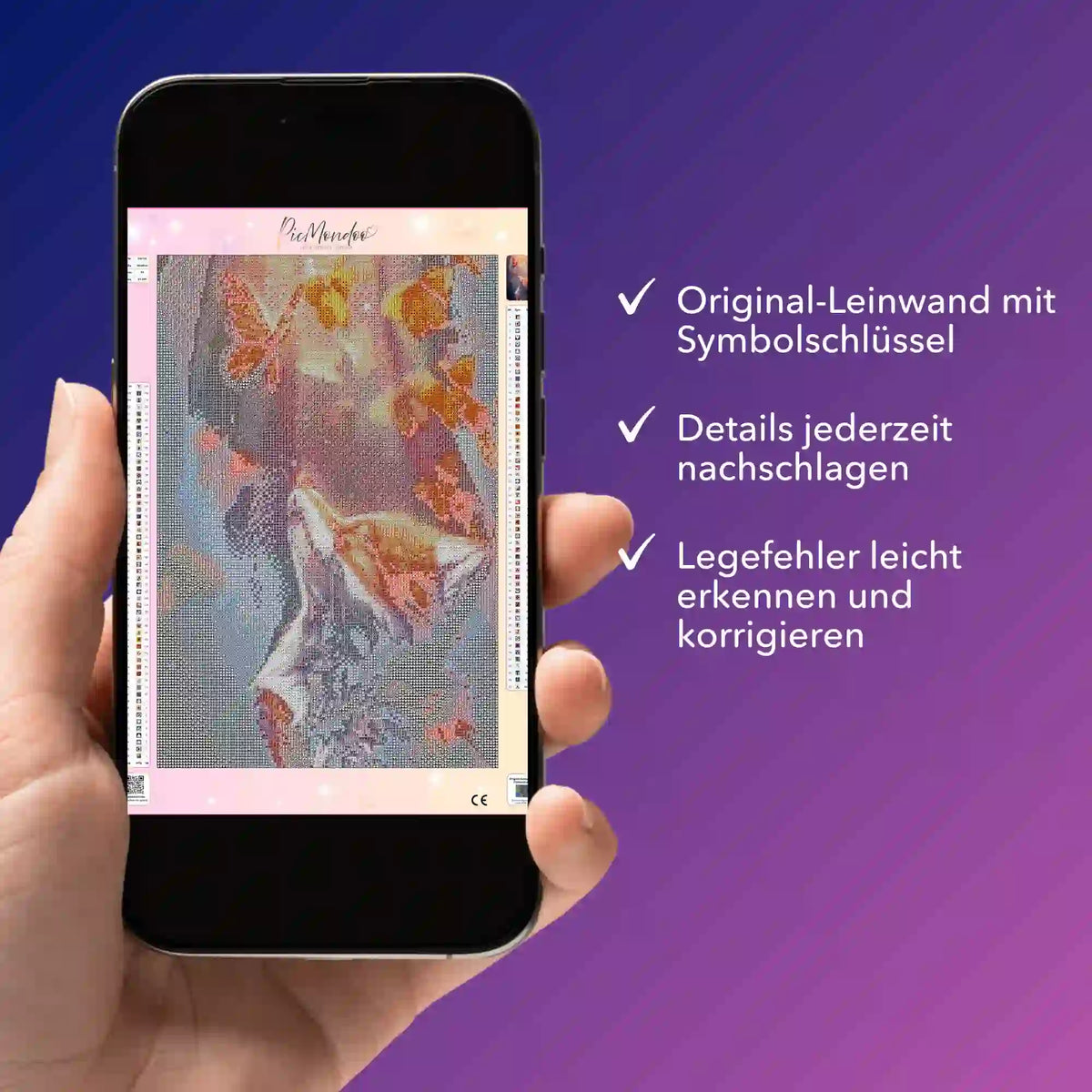 Digitale Diamond Painting Bildmappe als PDF auf Smartphone für das Motiv Fuchs im Laubwald von Picmondoo mit Symboldruck