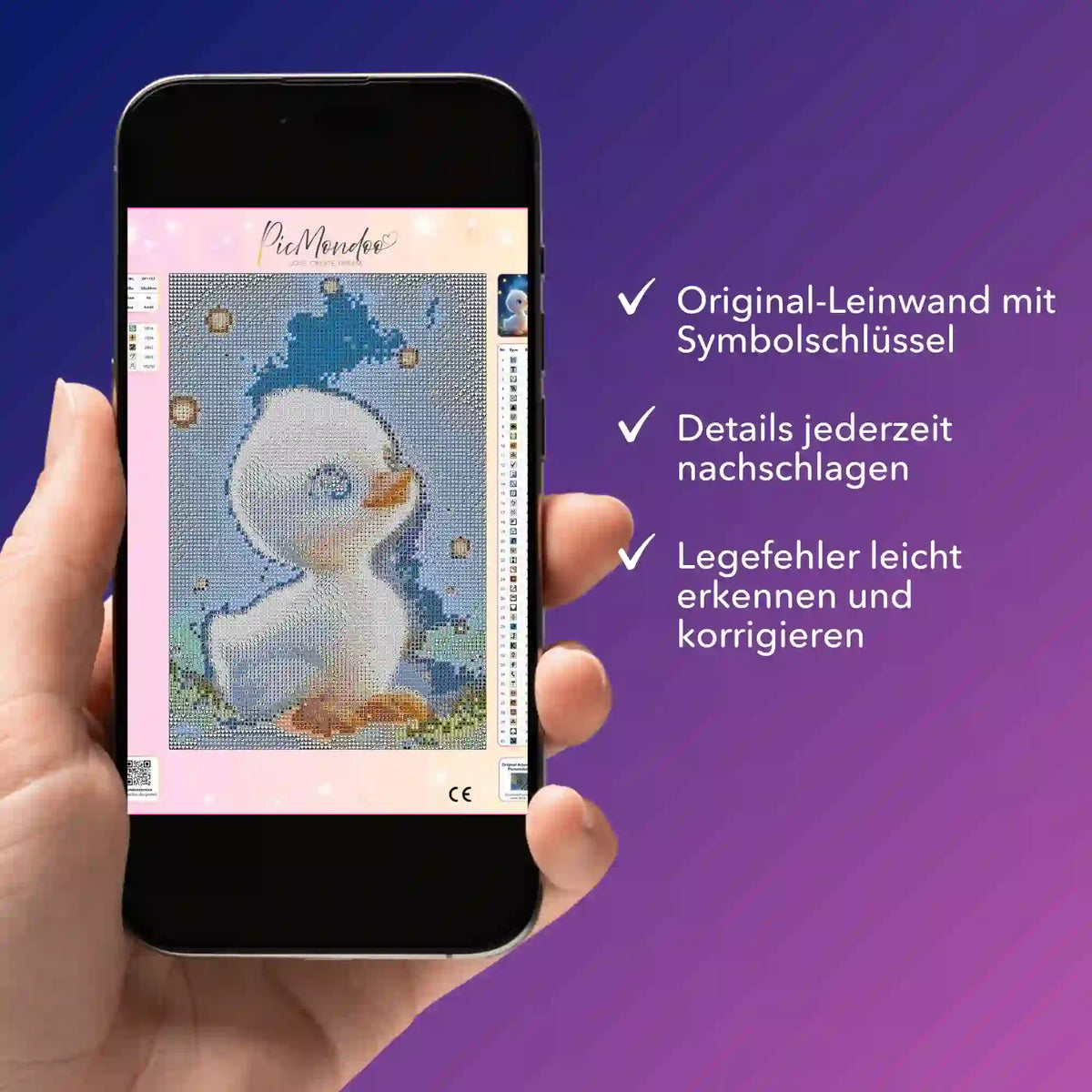 Digitale Diamond Painting Bildmappe als PDF auf Smartphone mit Motiv süßes Entlein und Symbolschlüssel zur Kontrolle.