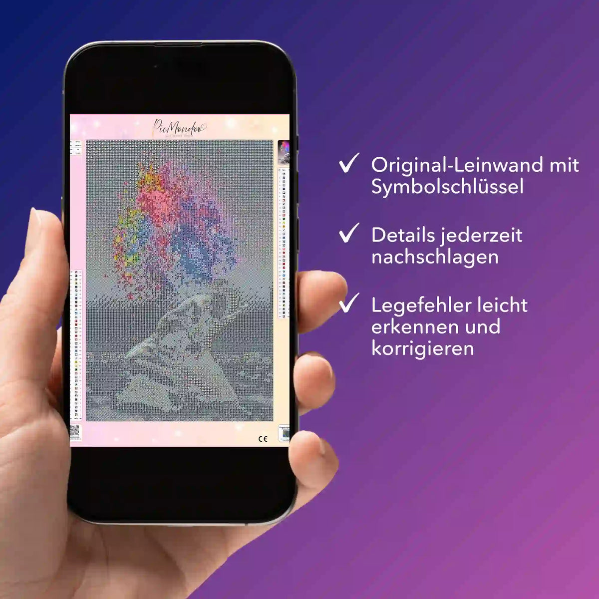 Digitale Diamond Painting Bildmappe als PDF auf Smartphone für das Motiv Elefant Farbenspiel von Picmondoo