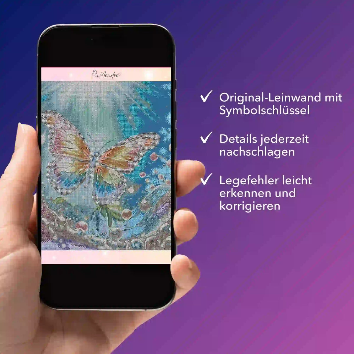 Digitale Diamond Painting Bildmappe als PDF auf Smartphone mit Schmetterling-Motiv für kreative DIY-Projekte