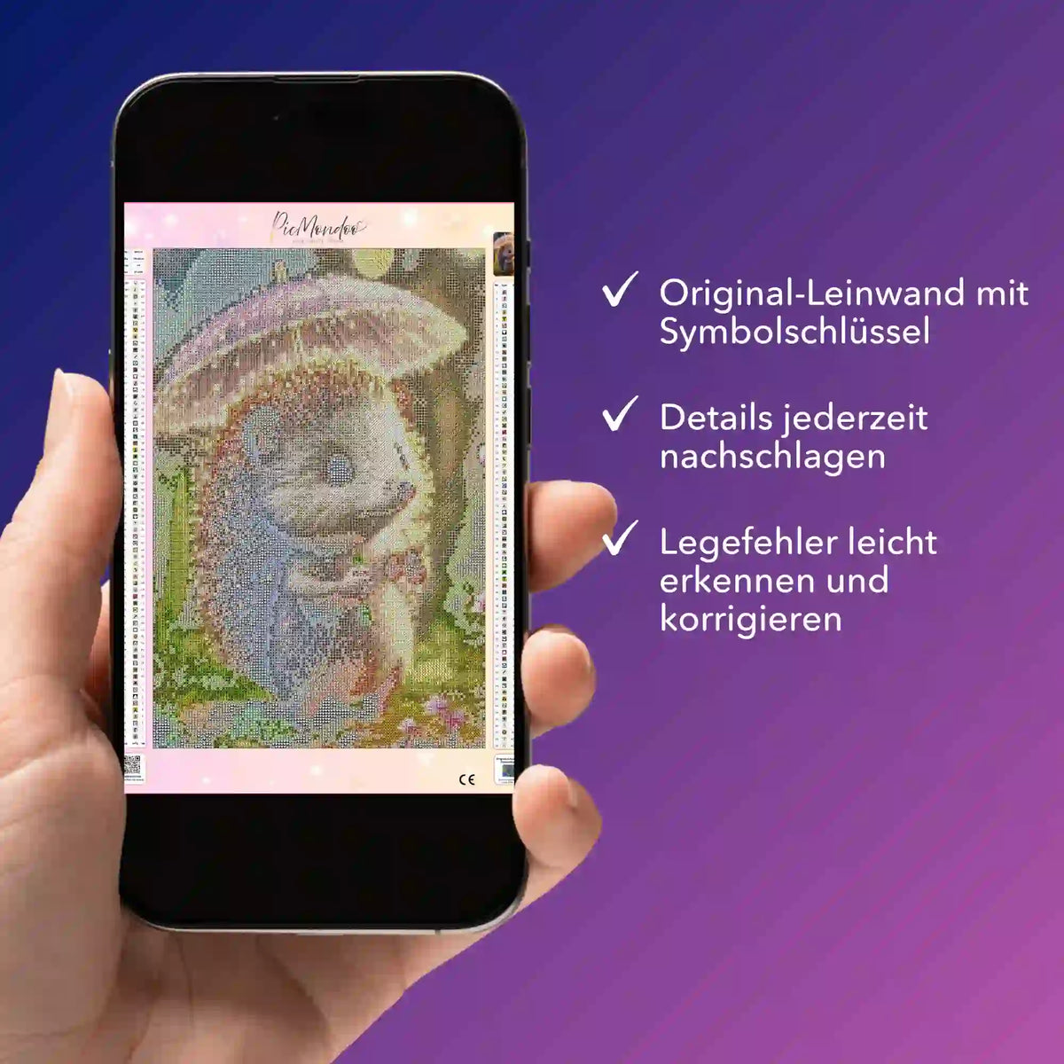 Digitale Diamond Painting Bildmappe als PDF auf Smartphone mit Igelchen Motiv für präzises Basteln