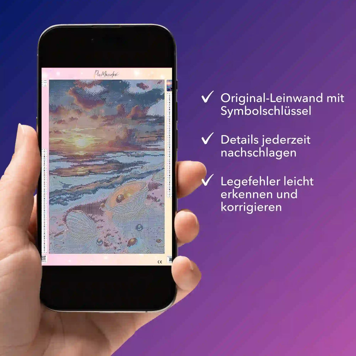 Digitale Diamond Painting Bildmappe als PDF auf einem Smartphone zur Unterstützung beim Legen des Strandliebe Motivs