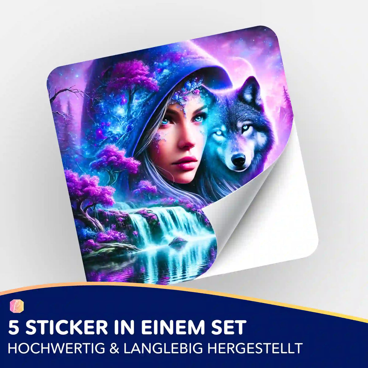 Eleonora and the Wolf Sticker-Set für Diamond Painting Zubehör mit farbenfrohem Fantasy-Motiv und Wasserfall