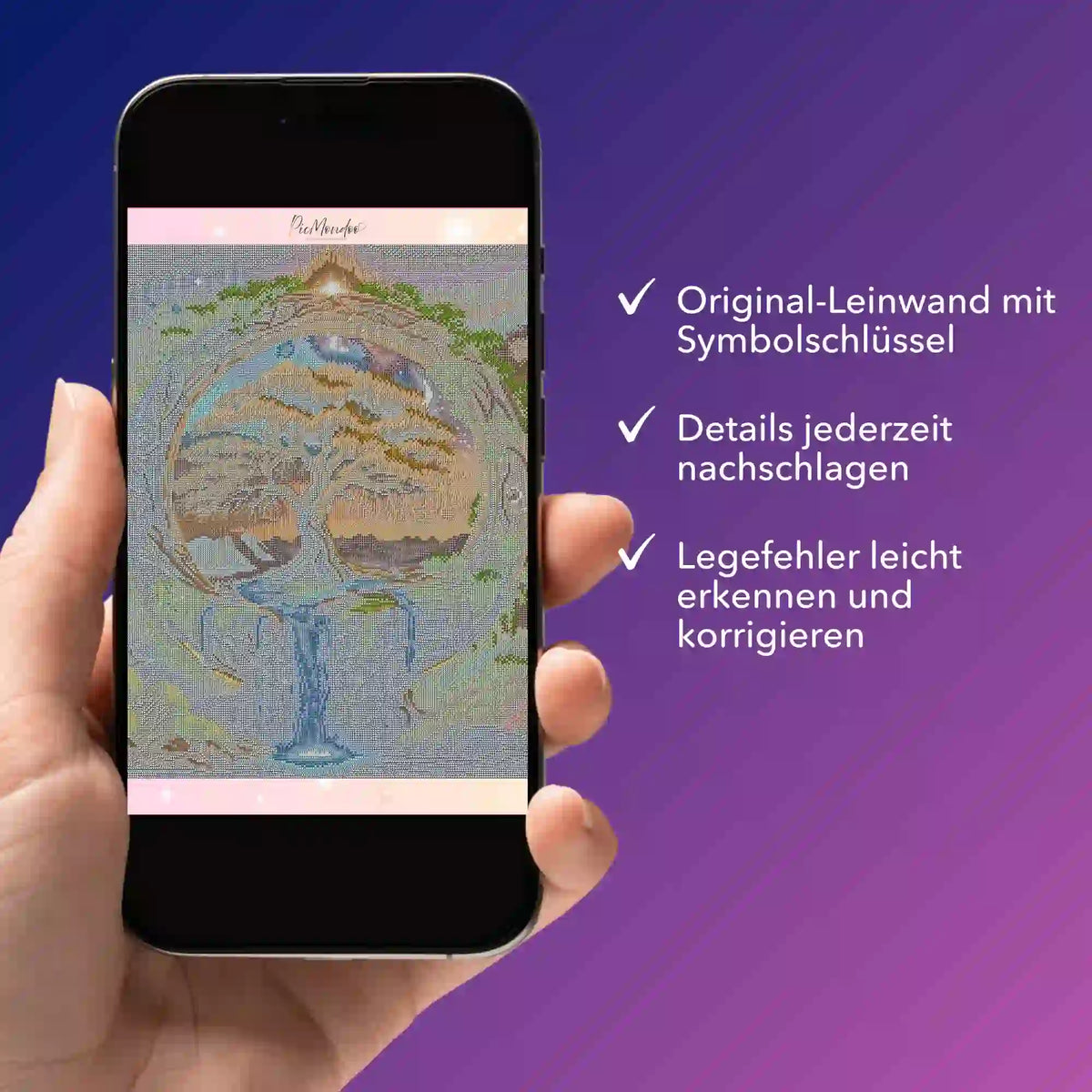 Digitale Diamond Painting Bildmappe auf Smartphone für einfache Motivkontrolle beim Diamanten Painting