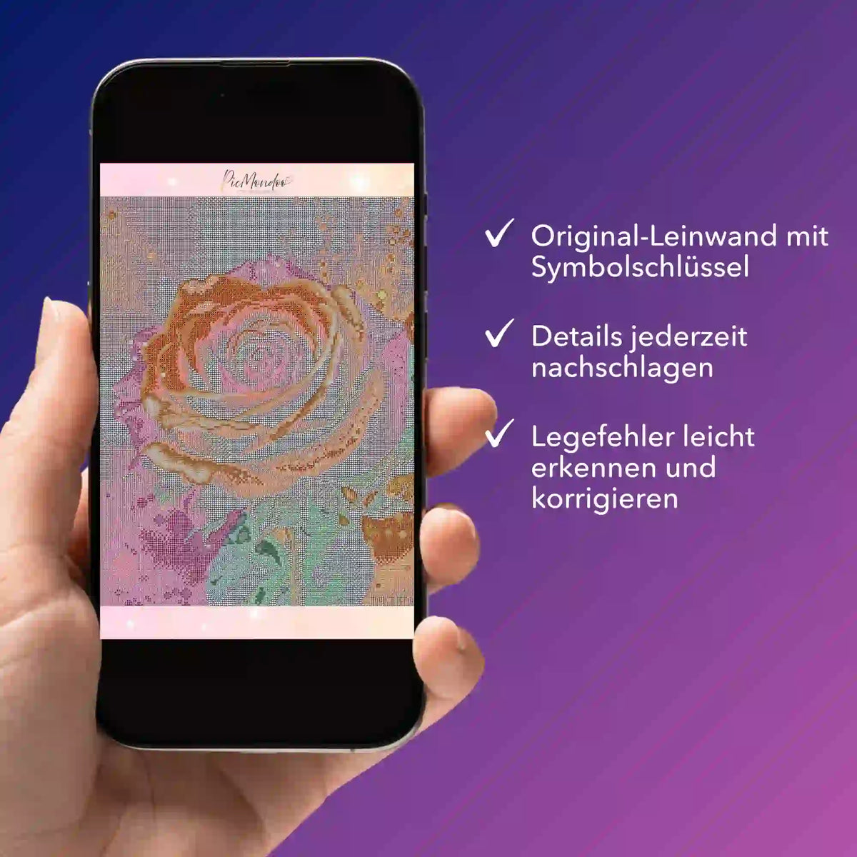Digitale Diamond Painting Bildmappe als PDF auf Smartphone mit Motiv Colorful Rose und Leinwand-Symbolschlüssel