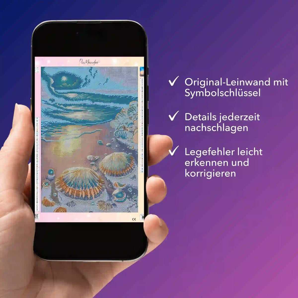 Digitale Diamond Painting Bildmappe als PDF auf dem Smartphone für das Motiv Strand im Nachtglanz mit Symbolegende.