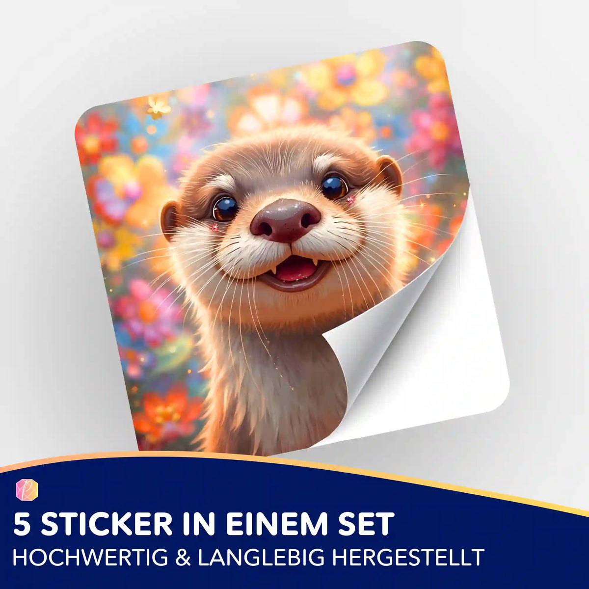 Süßer Otter-Aufkleber aus dem Picmondoo Diamond Painting Set mit farbenfrohem Blumenhintergrund für Bastelfans.