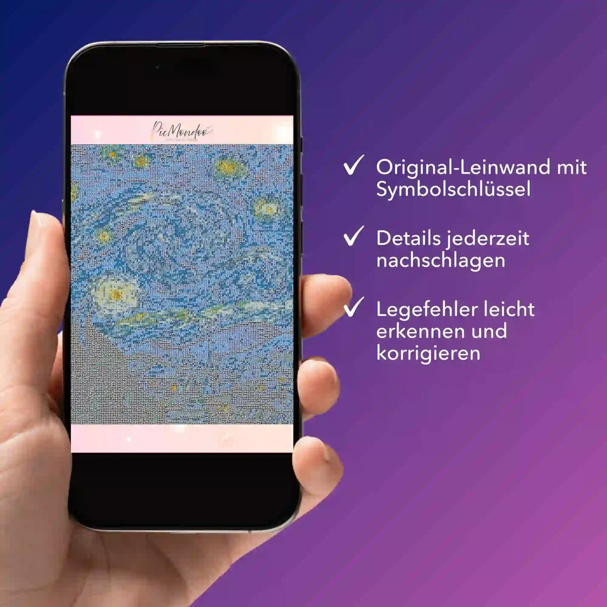 Digitale Diamond Painting Bildmappe für Van Goghs Sternennacht auf einem Smartphone mit Symbolschlüssel für das Set