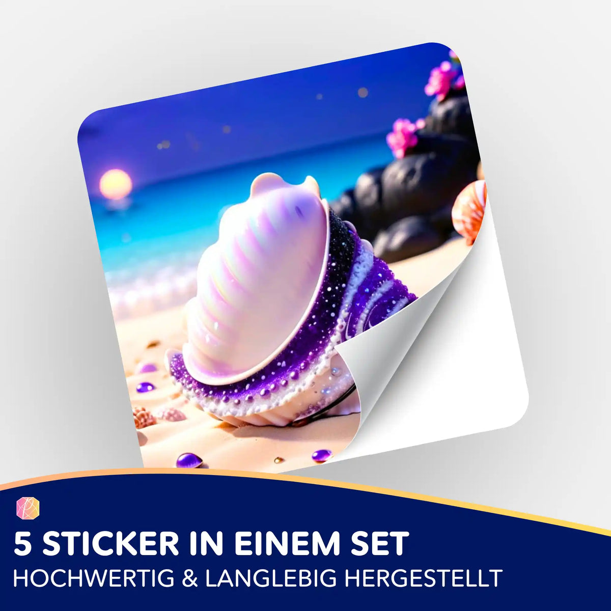 Violette Muschel Aufkleber für Diamond Painting Organisation im 5er Set mit Strand-Motiv