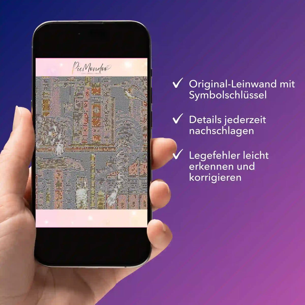 Digitale Diamond Painting Bildmappe auf Smartphone zur Kontrolle von Leinwand-Details und Symbolschlüsseln beim Basteln