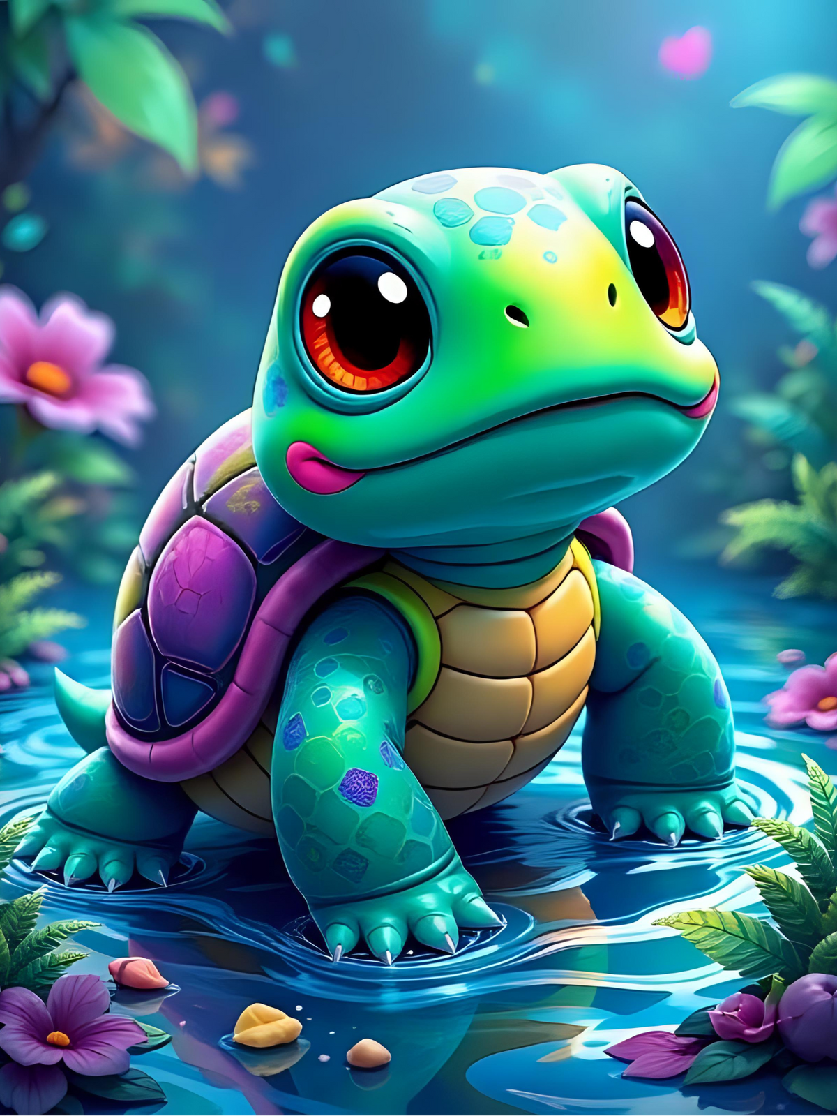 Diamond Painting Mini Donatello: Süße Babyschildkröte im Teich mit bunten Blumen für ein farbenfrohes DIY-Kunstwerk.