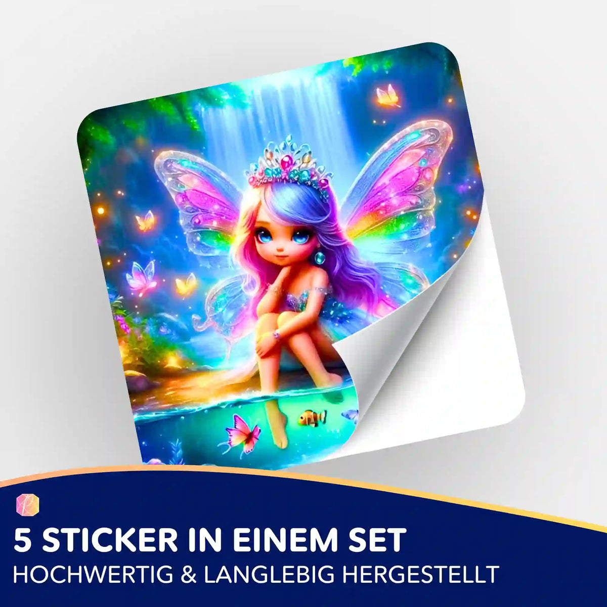 Buntes 5er Sticker-Set mit bezaubernder Elfe am Wasserfall für Diamond Painting Fans und zur Zubehör-Organisation