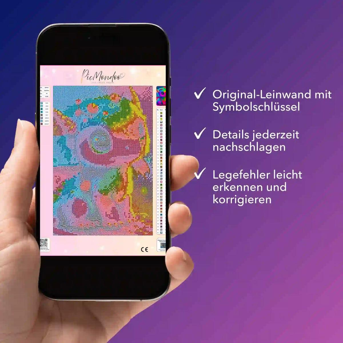 Smartphone mit digitaler Picmondoo Diamond Painting Bildmappe: Regenbogendrache Leinwand mit Symbolschlüssel zur Kontrolle