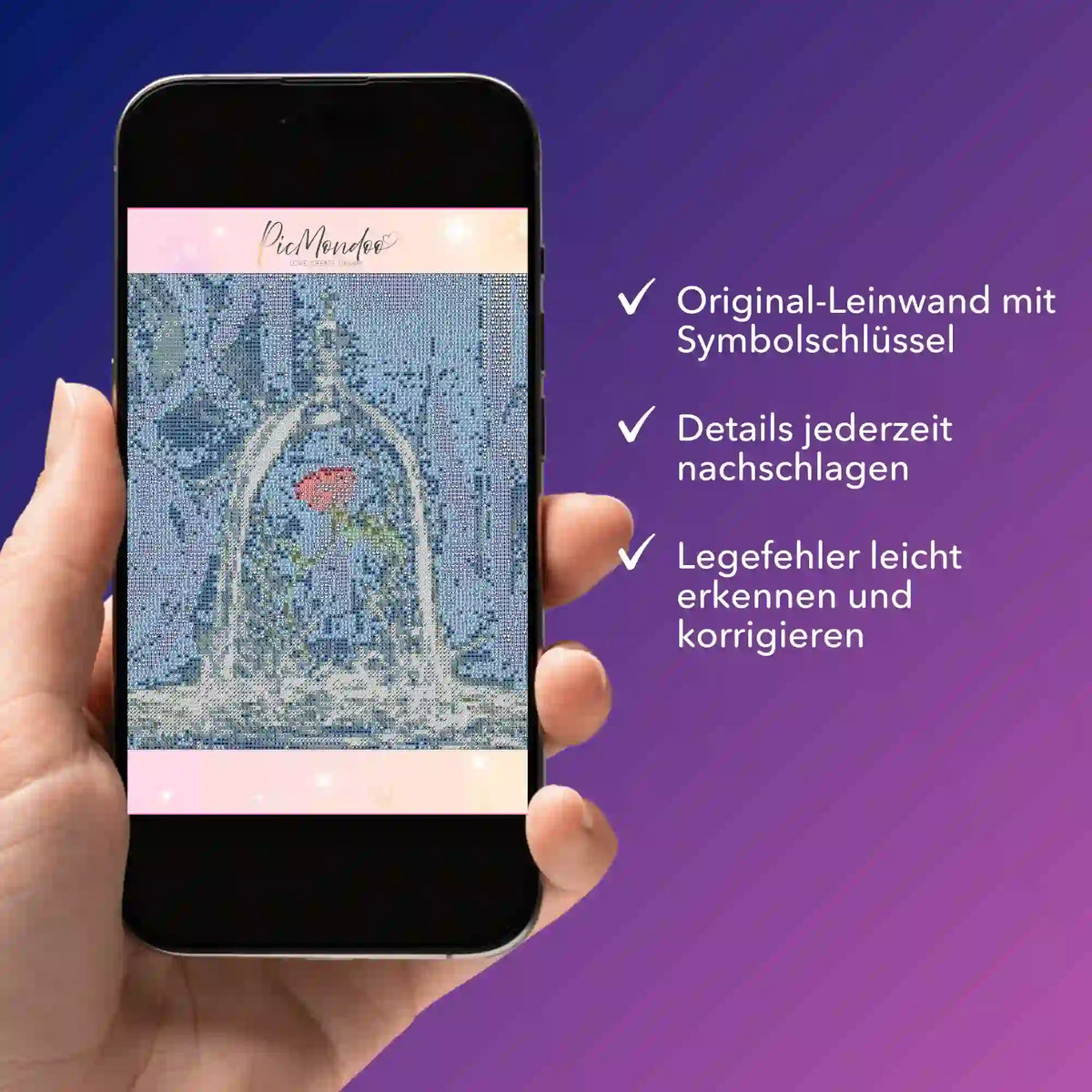 Digitale Diamond Painting Bildmappe als PDF für das Motiv Rose im Wunderglas auf einem Smartphone.