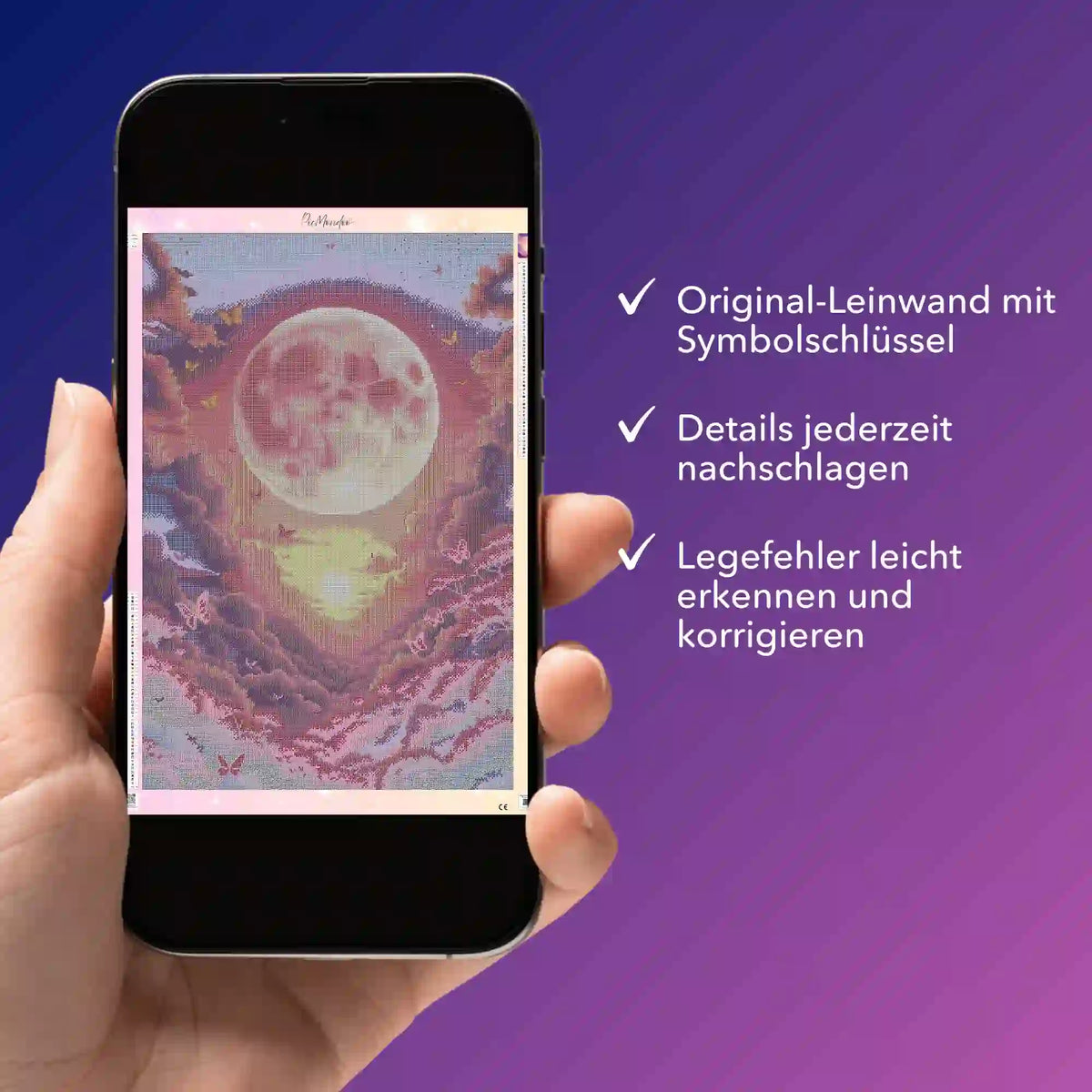 Digitale Diamond Painting Bildmappe als PDF auf einem Smartphone zur Hilfe beim Legen des Wolkenreich Motivs