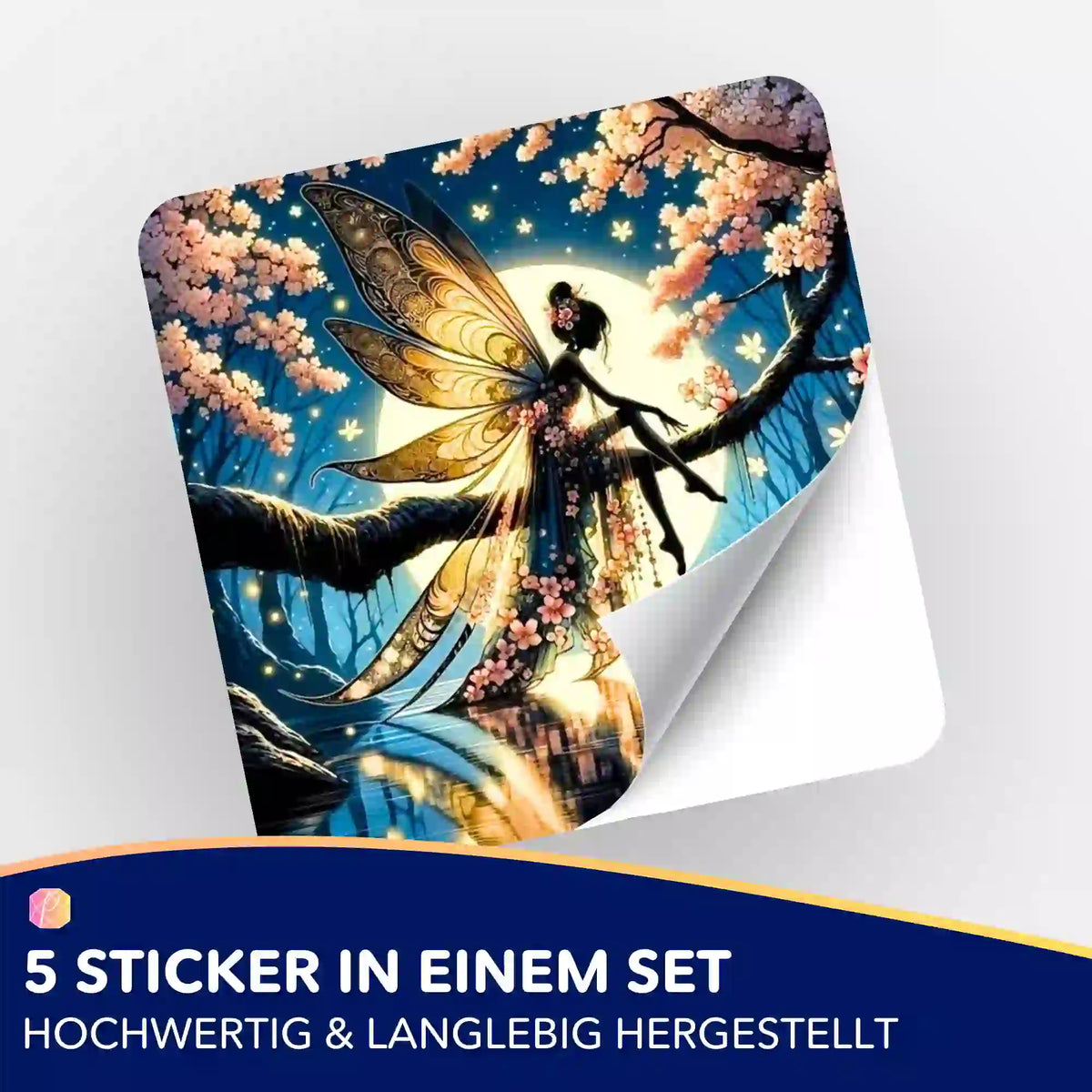 5er-Set Sticker Mondscheinfee für Diamond Painting Organisation mit magischem Feen-Motiv in Kirschblüten bei Vollmond