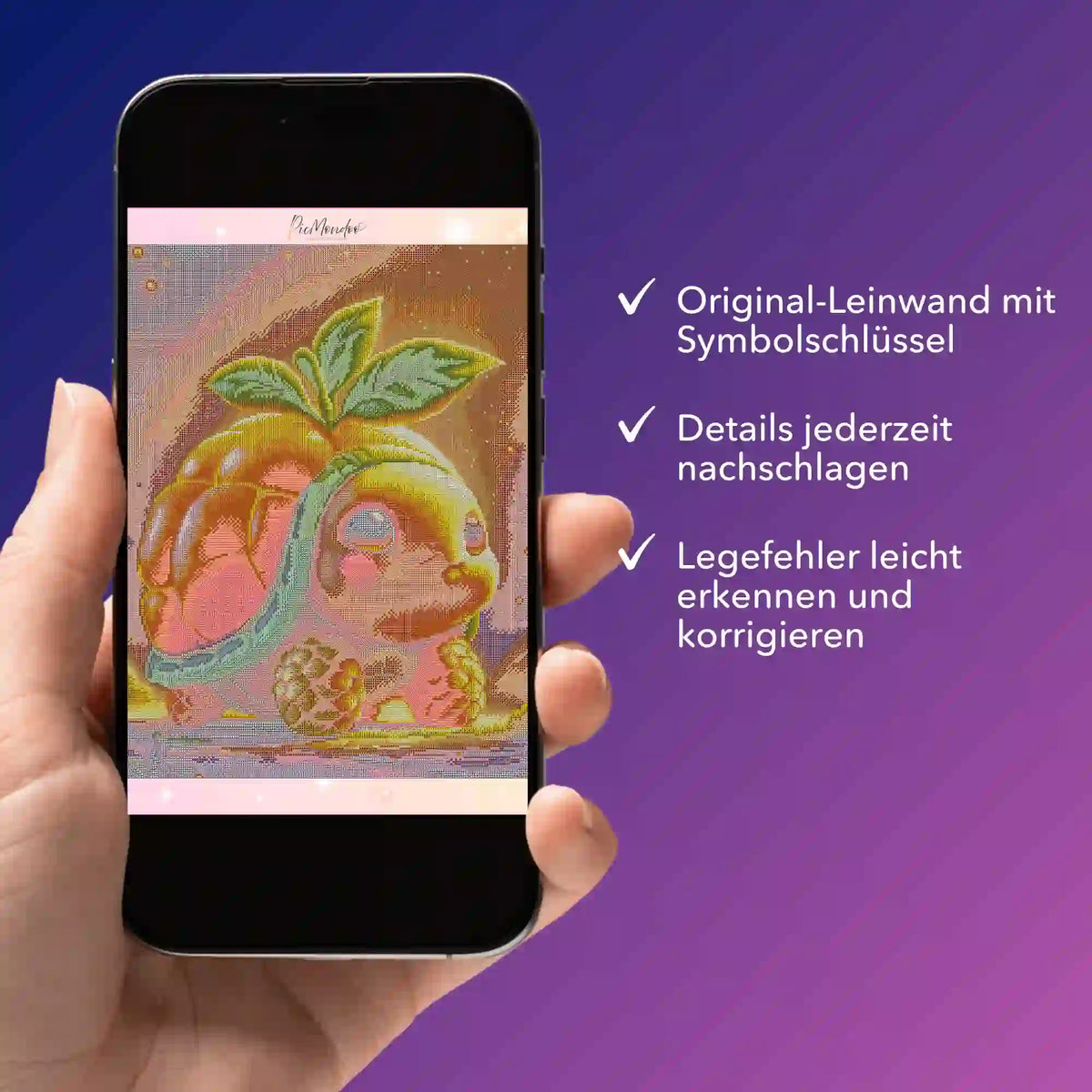 Digitale Diamond Painting Bildmappe als PDF auf einem Smartphone mit Leinwand-Motiv Frutty und Symboldetails
