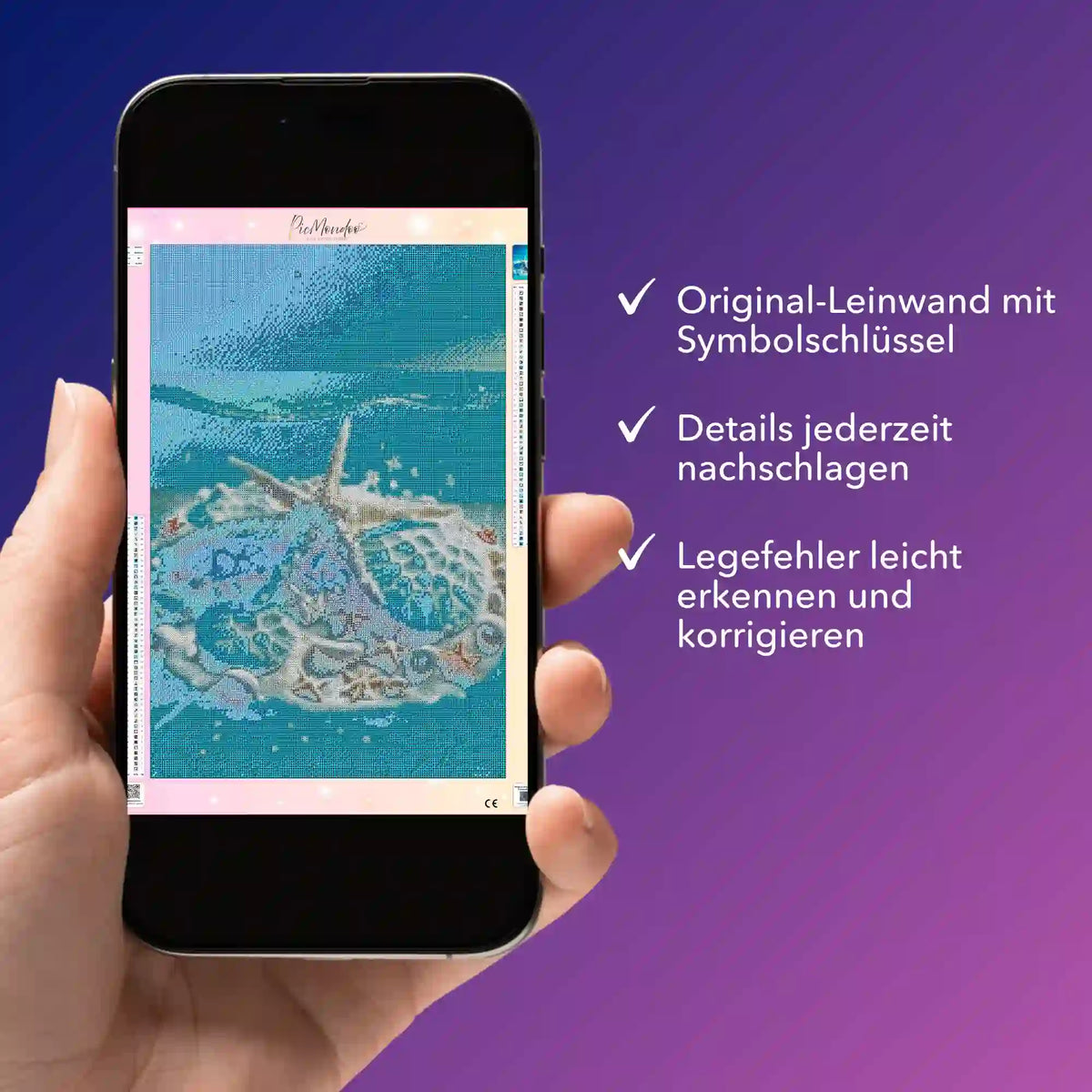 Digitale Diamond Painting Vorlage Blaue Meeressymphonie als PDF auf einem Smartphone zur Unterstützung beim Basteln