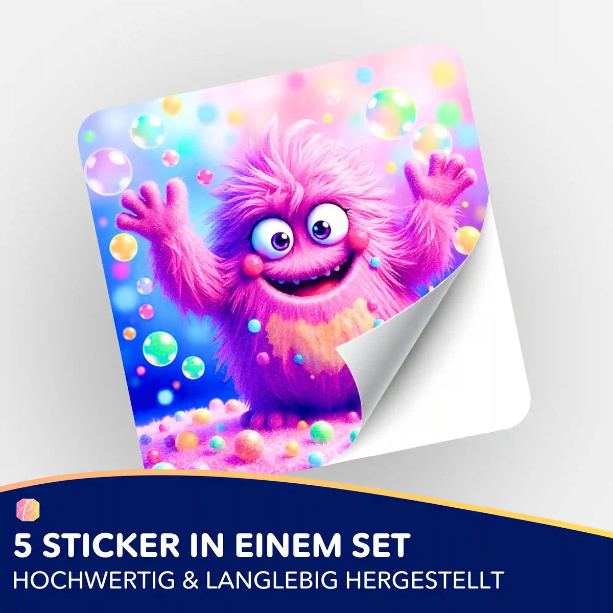 5er-Set Sticker für Diamond Painting Fans mit buntem, flauschigem Monster-Motiv Eckbert und Seifenblasen