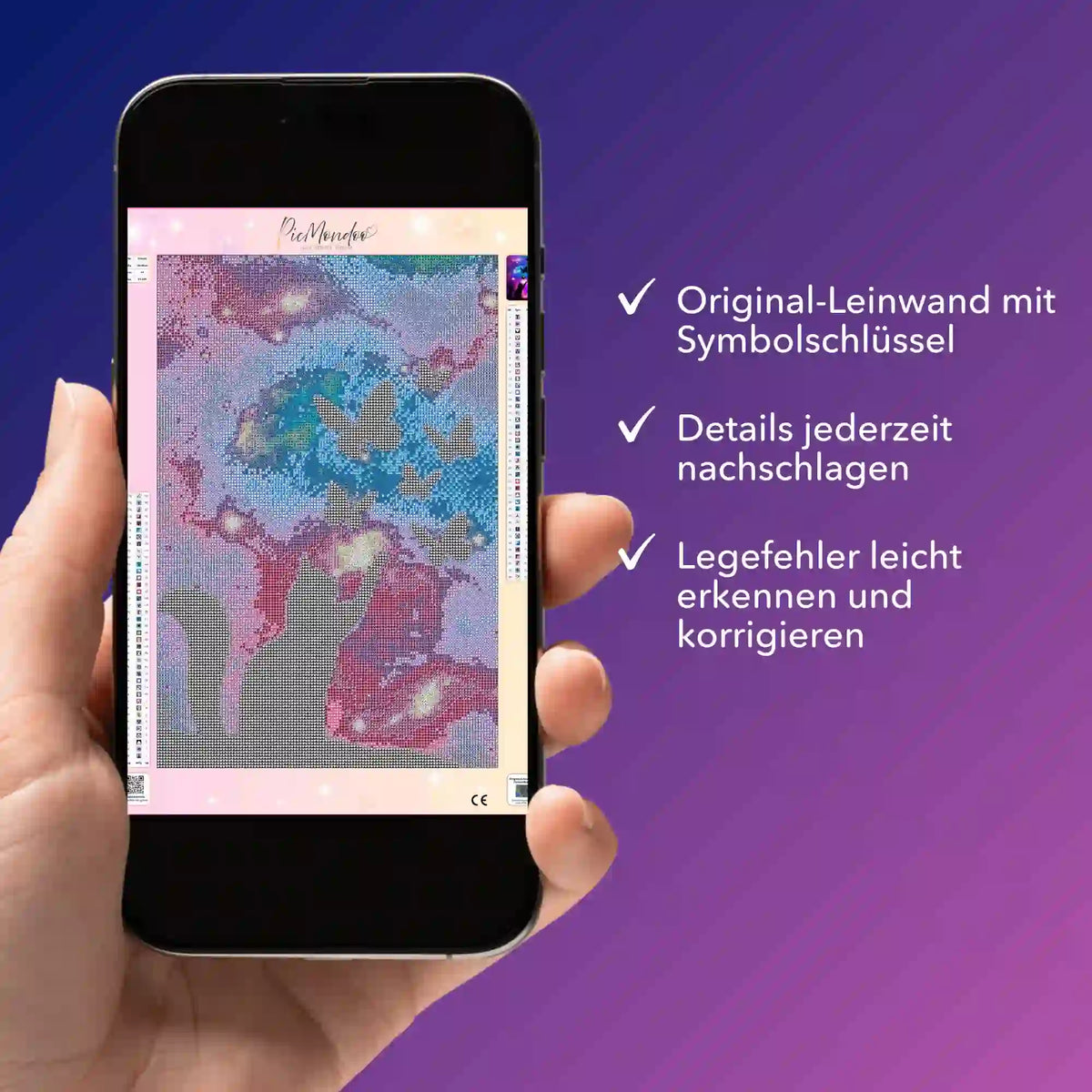 Digitale Diamond Painting Bildmappe Touch the Butterflies auf einem Smartphone zur Kontrolle von Symbolen und Leinwanddetails