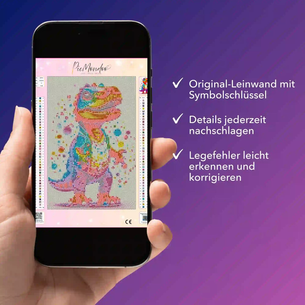Digitale Diamond Painting Bildmappe als PDF für das kunterbunte Dinosaurier Motiv auf einem Smartphone-Display.
