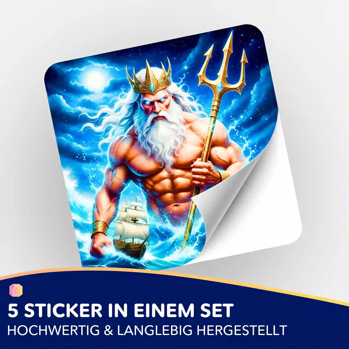 Dekorativer Poseidon Aufkleber für Diamond Painting Fans, 5er-Set mit Meeresgott Motiv in leuchtenden Farben