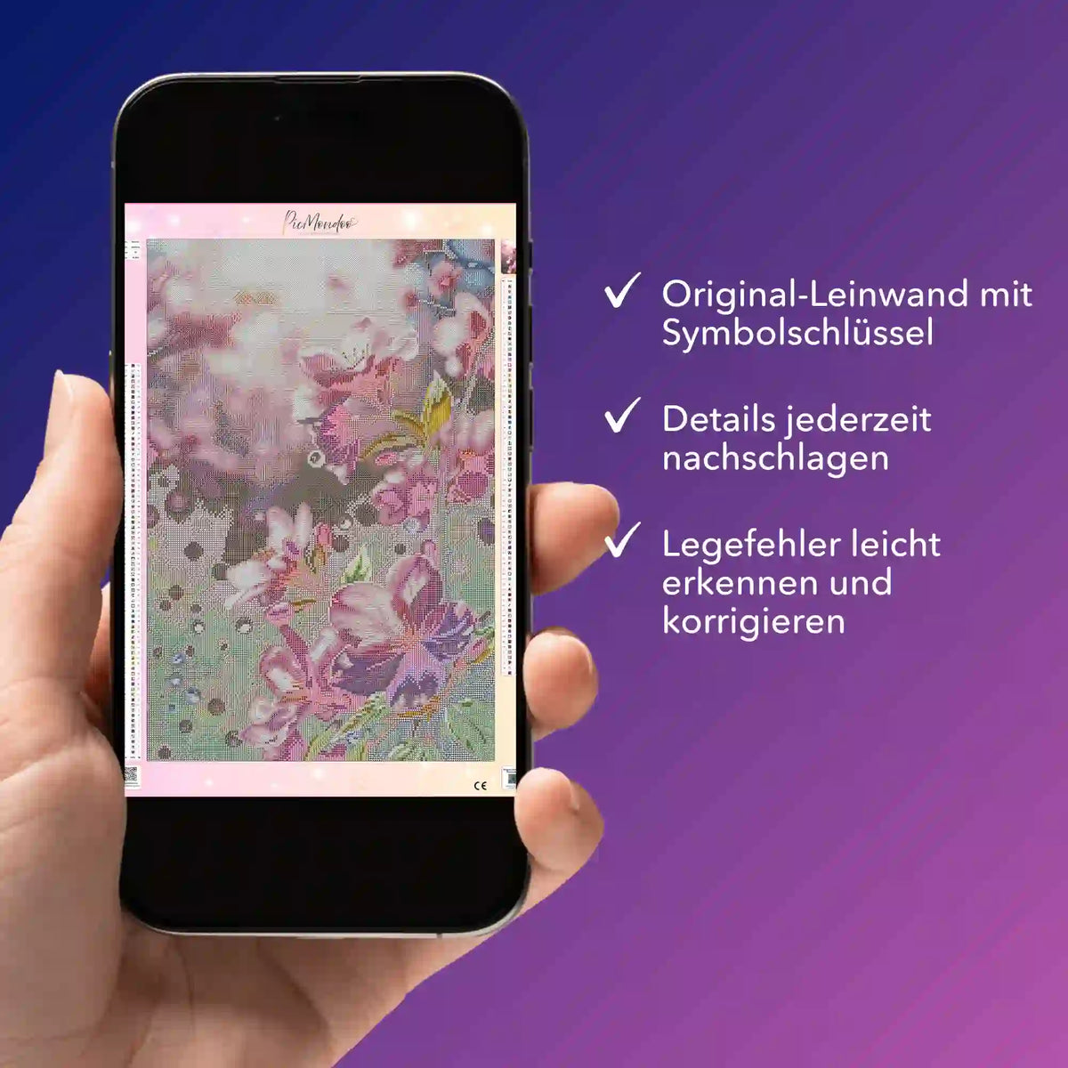 Digitale Diamond Painting Bildmappe mit Zarte Kirschblüten Motiv auf dem Smartphone als PDF zur Fehlerkorrektur