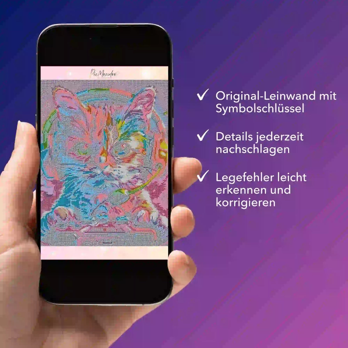 Digitale Diamond Painting Vorlage mit Colorful Gaming Cat Motiv auf dem Smartphone zur einfachen Fehlerkontrolle