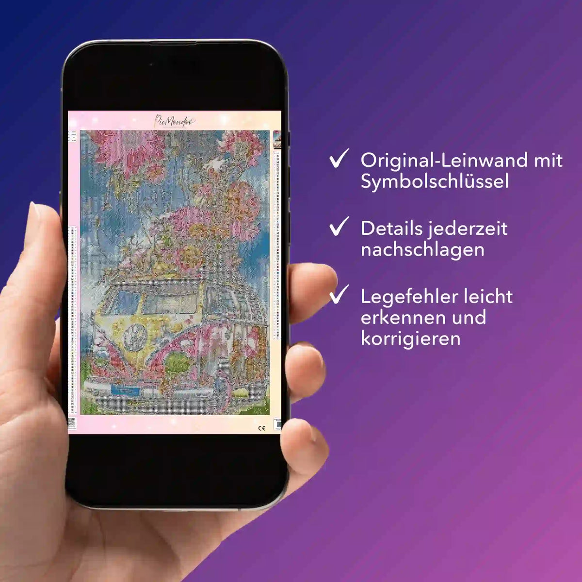 Digitale Diamond Painting Vorlage Flower Power Bully als PDF auf Smartphone für einfaches Diamond Painting Design