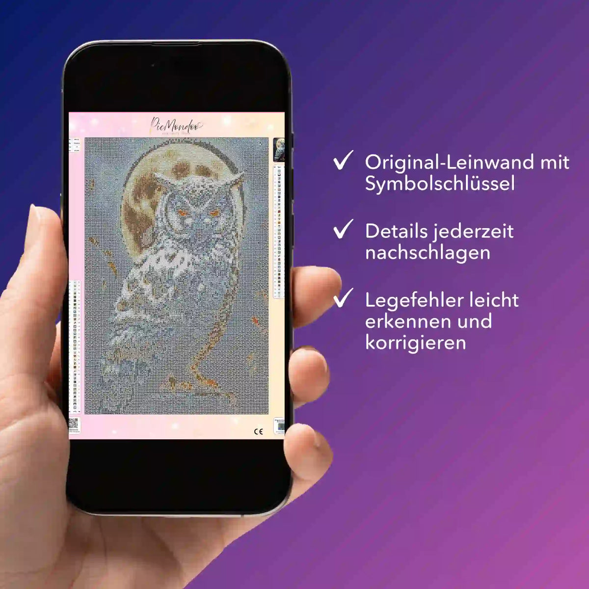 Diamond Painting Bildmappe auf Smartphone mit Eulen Motiv, Symbolschlüssel und Anleitung für kreatives Hobby