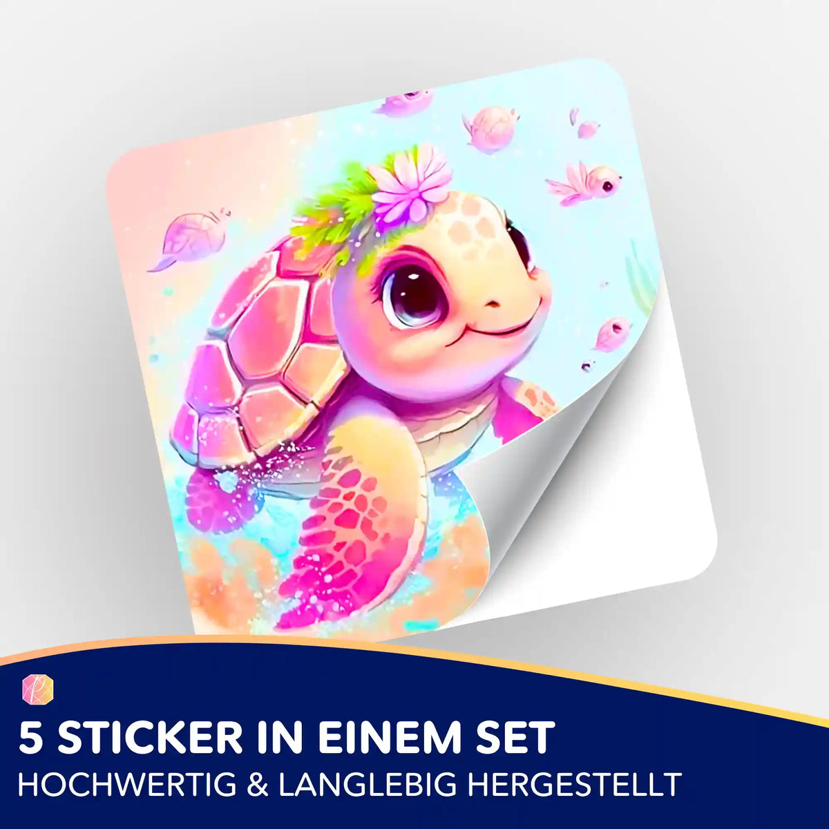 5er-Set Aufkleber Schildkrötenmädchen Trudi, bunte Sticker zur Organisation von Diamond Painting und Bastelsets