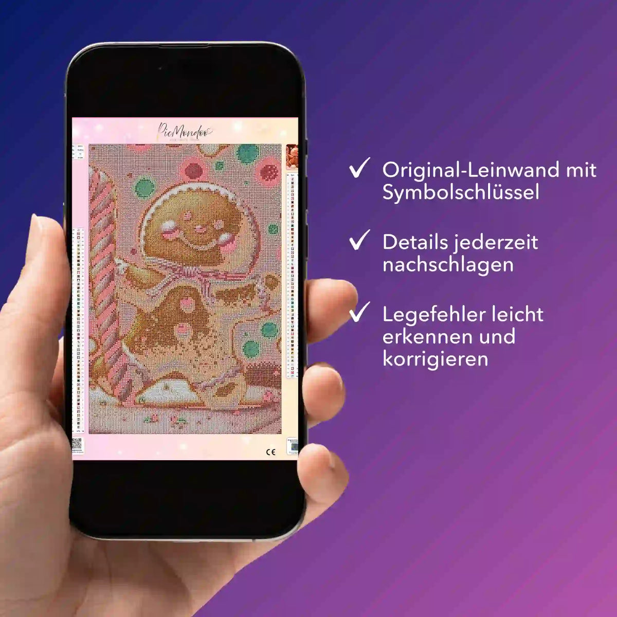 Digitale Diamond Painting Bildmappe als PDF für das Lebkuchenmännchen-Motiv auf einem Smartphone angezeigt