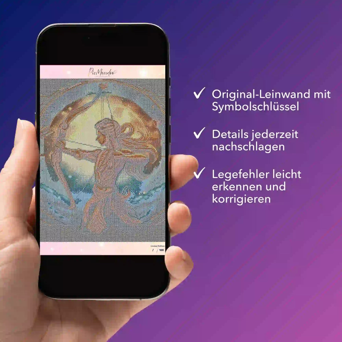Digitale Bildmappe für Diamond Painting Sternzeichen Schütze auf Smartphone mit Leinwanddetails und Symbolschlüssel.