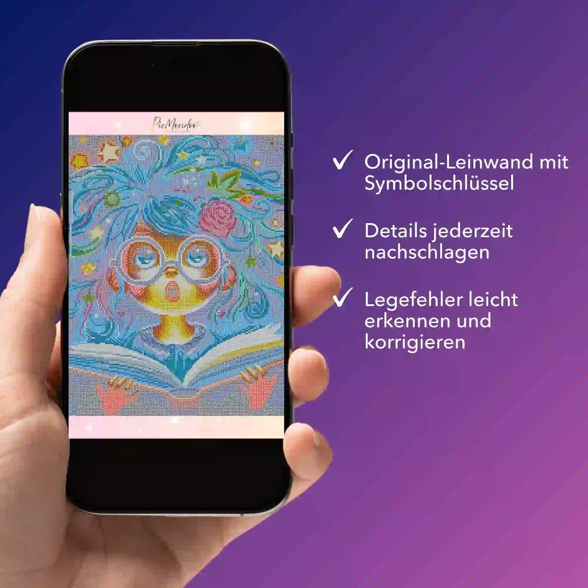 Digitale Diamond Painting Bildmappe Lesemaus Josephine auf Smartphone zur Kontrolle von Symbolschlüssel und Legefehlern.