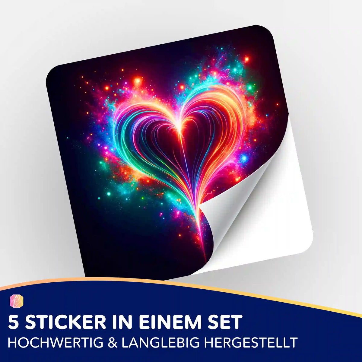 Picmondoo Herzflimmern Aufkleber-Set für Diamond Painting und Bastelbedarf mit buntem, leuchtendem Herz-Motiv.
