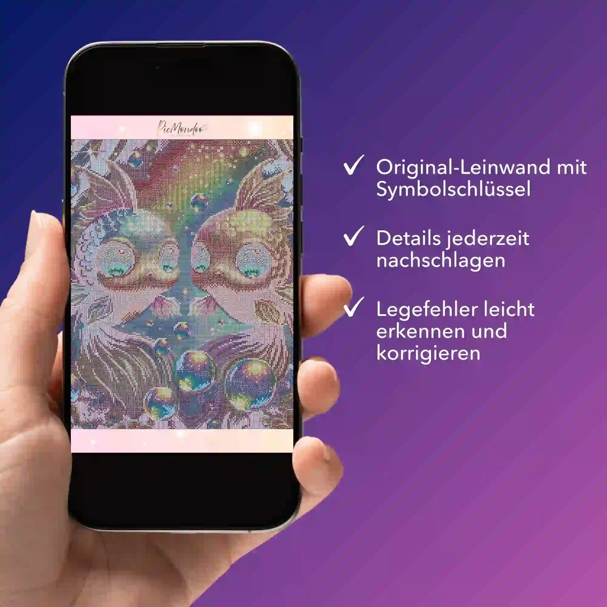 Digitale Diamond Painting Bildmappe auf Smartphone mit Fairydust-Motiv, Symbolschlüssel und Details zur Fehlerkorrektur