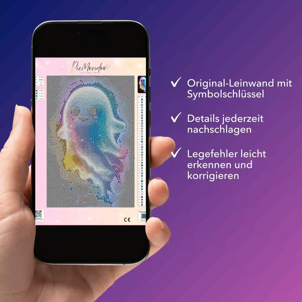 Digitale Diamond Painting Bildmappe als PDF für das Motiv Kleines Gespenst auf dem Smartphone zur Leinwandkontrolle.