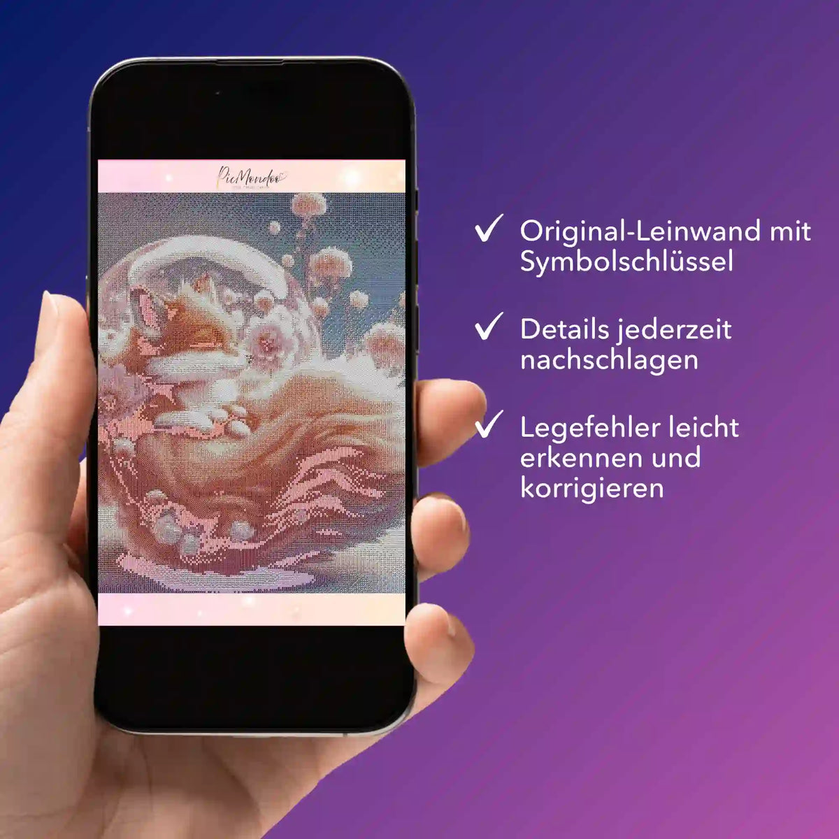 Digitale Diamond Painting Bildmappe Apricot Foxy auf Smartphone als PDF-Vorlage mit detailliertem Motiv