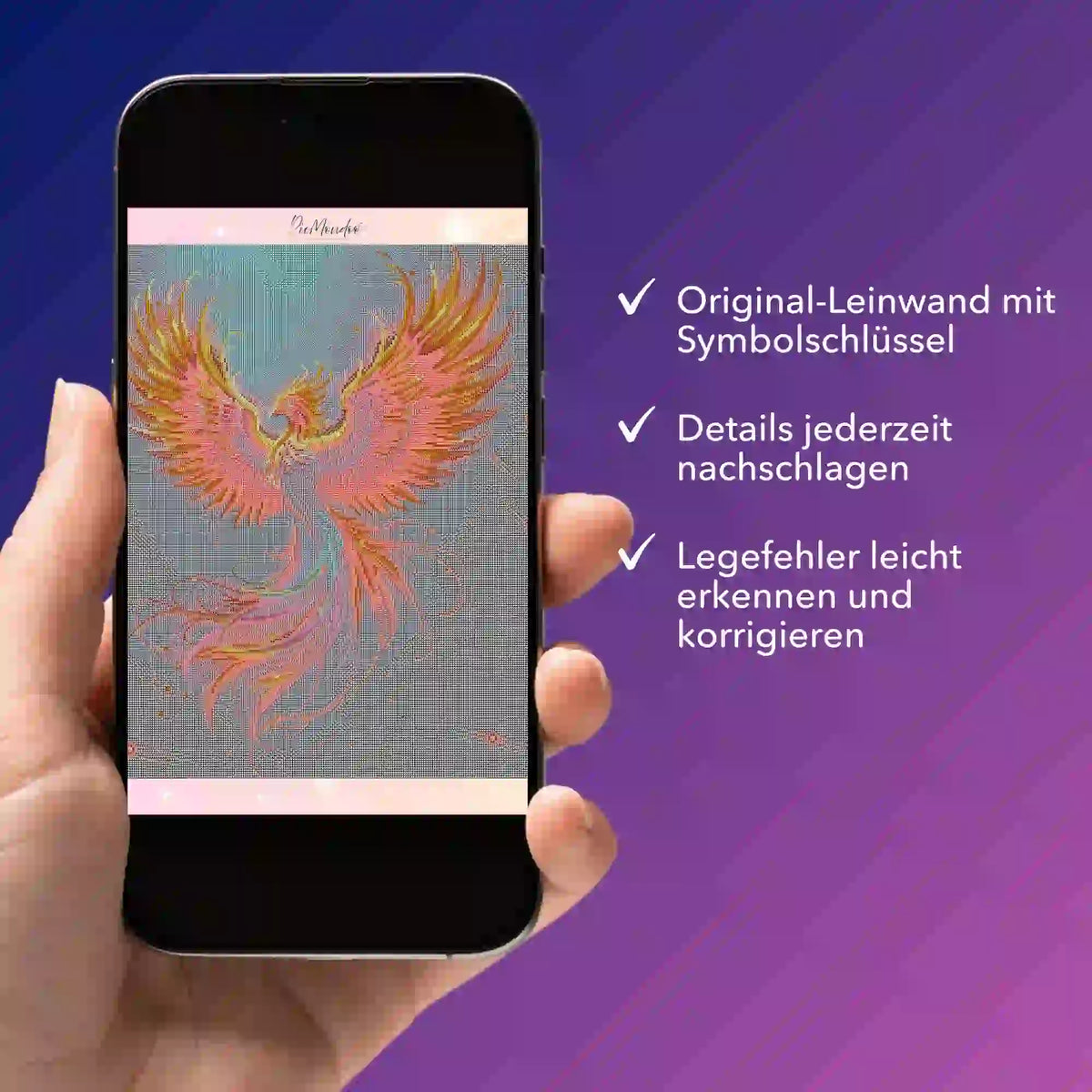 Digitale Diamond Painting Bildmappe als PDF für das Phönix-Motiv auf einem Smartphone zur Unterstützung beim Basteln