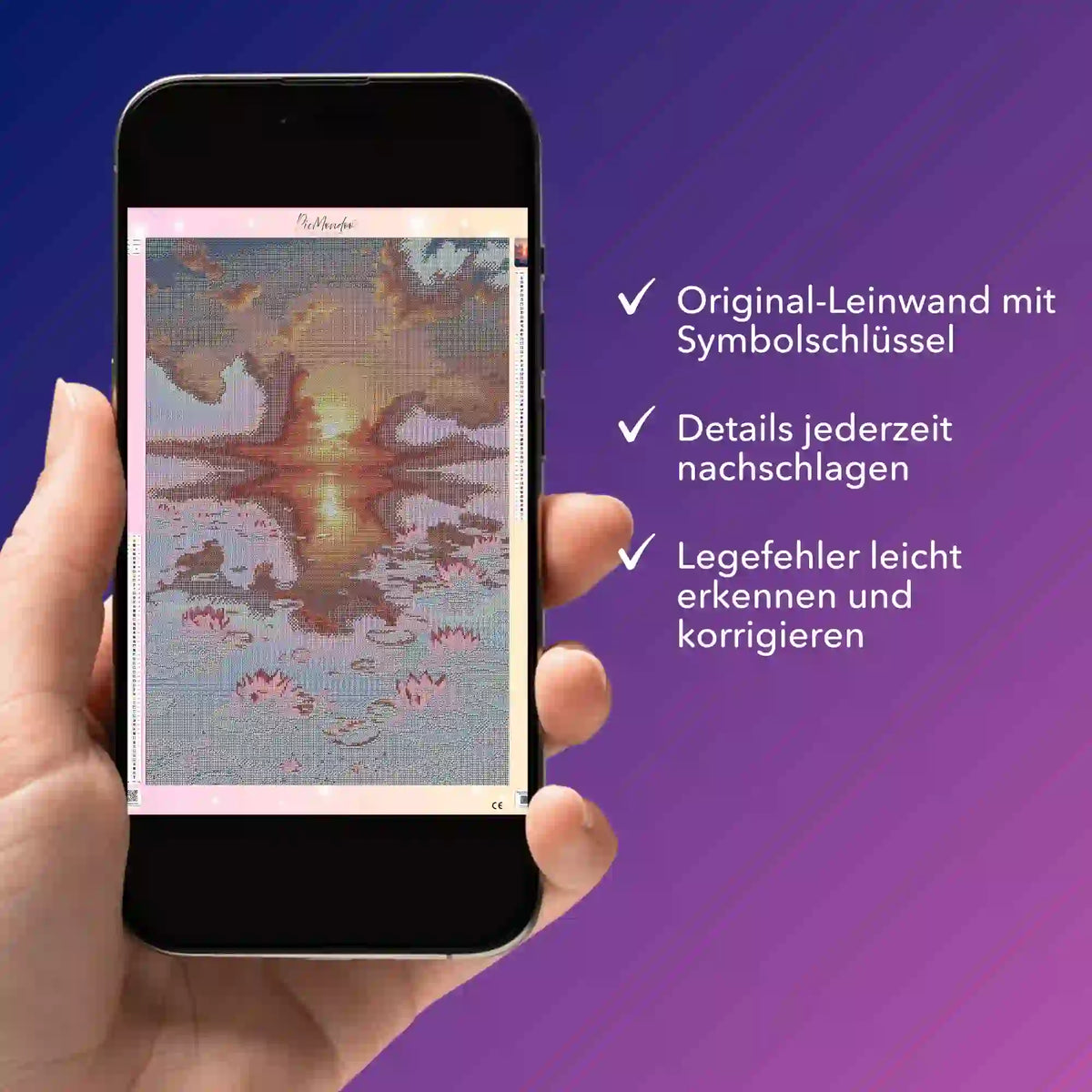 Digitale Diamond Painting Bildmappe als PDF für Abenddämmerung Motiv auf Smartphone-Display zur einfachen Vorlagenansicht