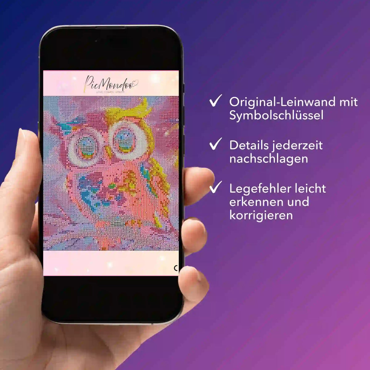 Digitale Diamond Painting Bildmappe mit Eulen-Motiv auf Smartphone zur Kontrolle von Symbolen und Steinen bei Picmondoo.