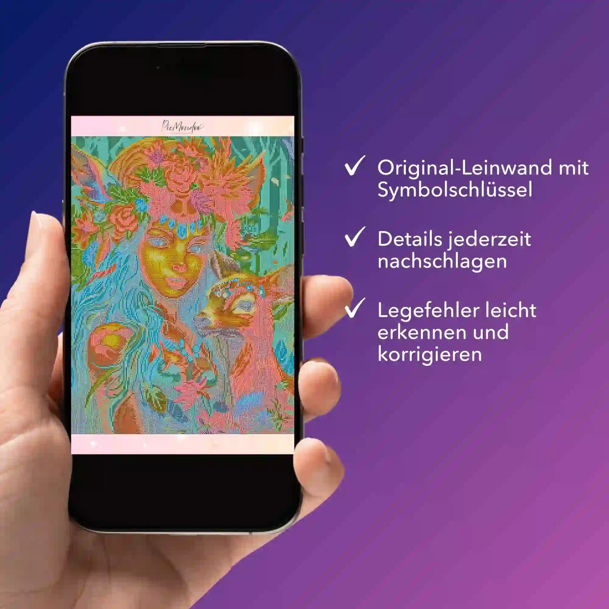 Digitale Diamond Painting Bildmappe Waldmädchen auf Smartphone zur Kontrolle der Vorlage und Symbole für einfache DIY-Kunst