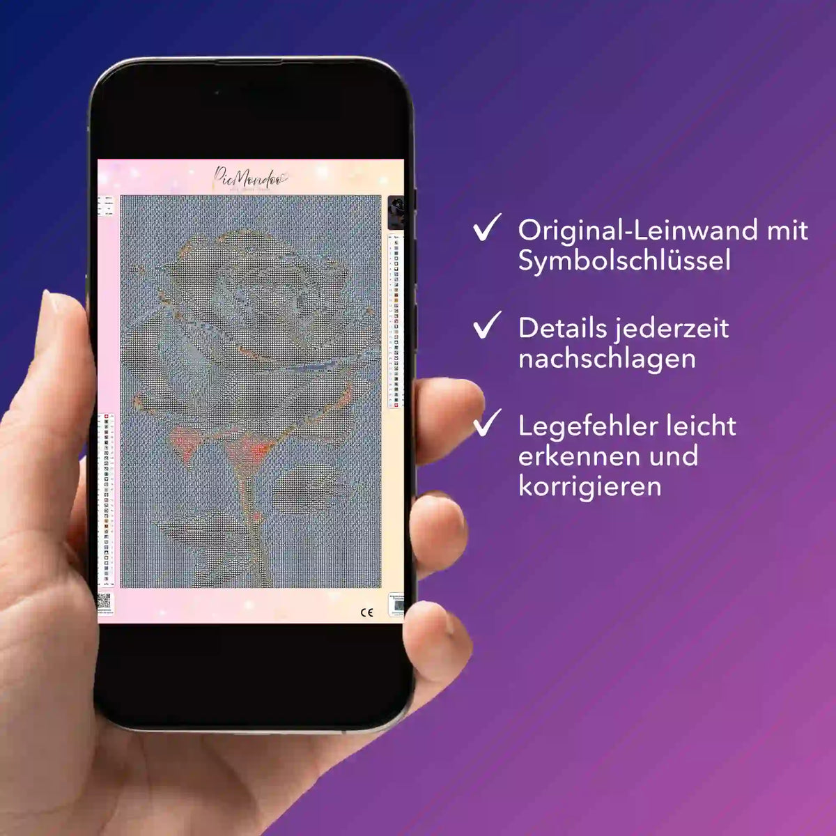 Digitale Diamond Painting Vorlage einer schwarzen Rose auf dem Smartphone für einfaches Diamond Painting Design als PDF