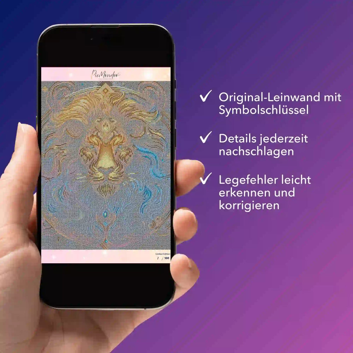 Digitale Diamond Painting Bildmappe mit Sternzeichen Löwe Motiv auf Smartphone zur Kontrolle der Symbole und Details.