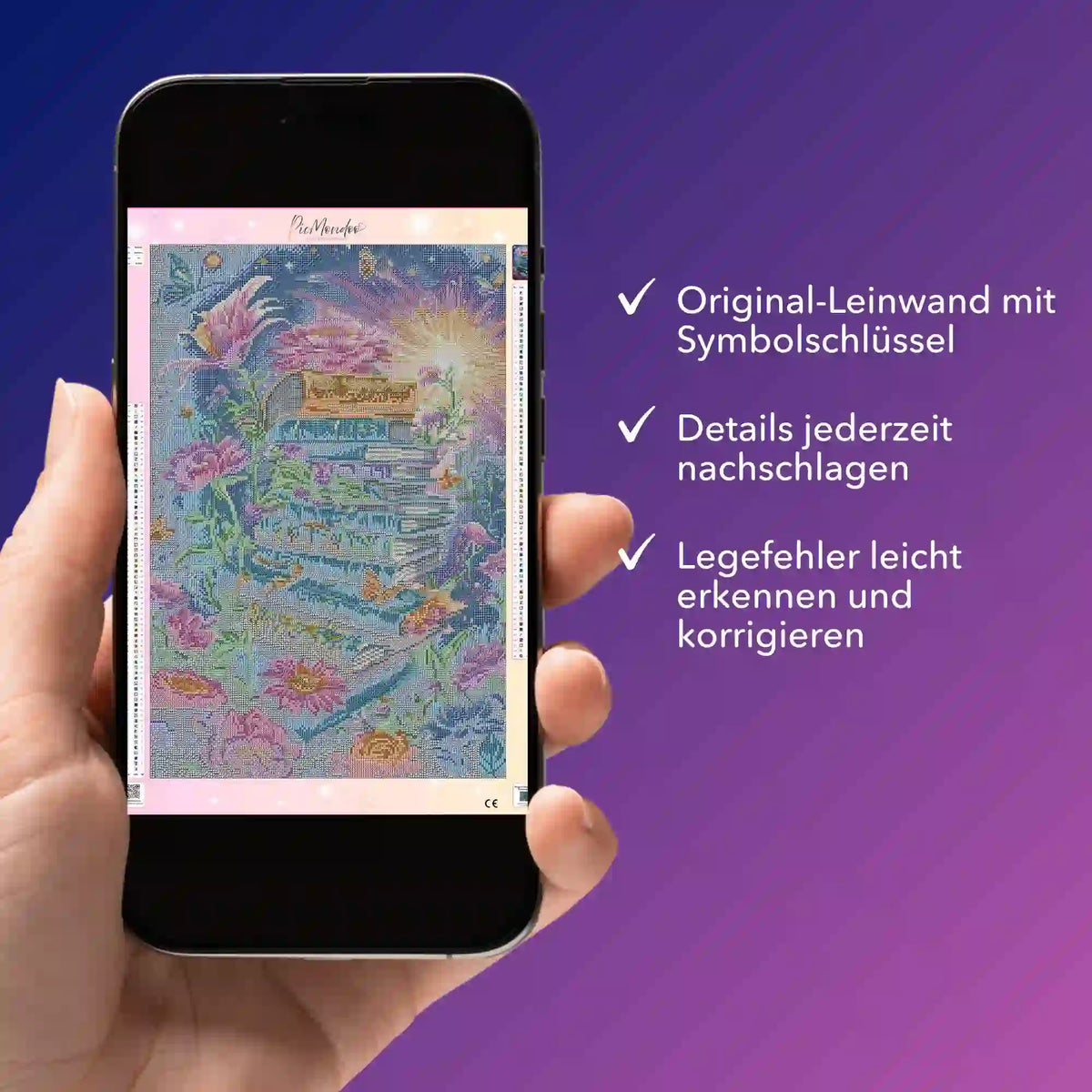 Digitale Diamond Painting Bildmappe als PDF für das Motiv Book Lovers auf einem Smartphone zur digitalen Kontrolle.