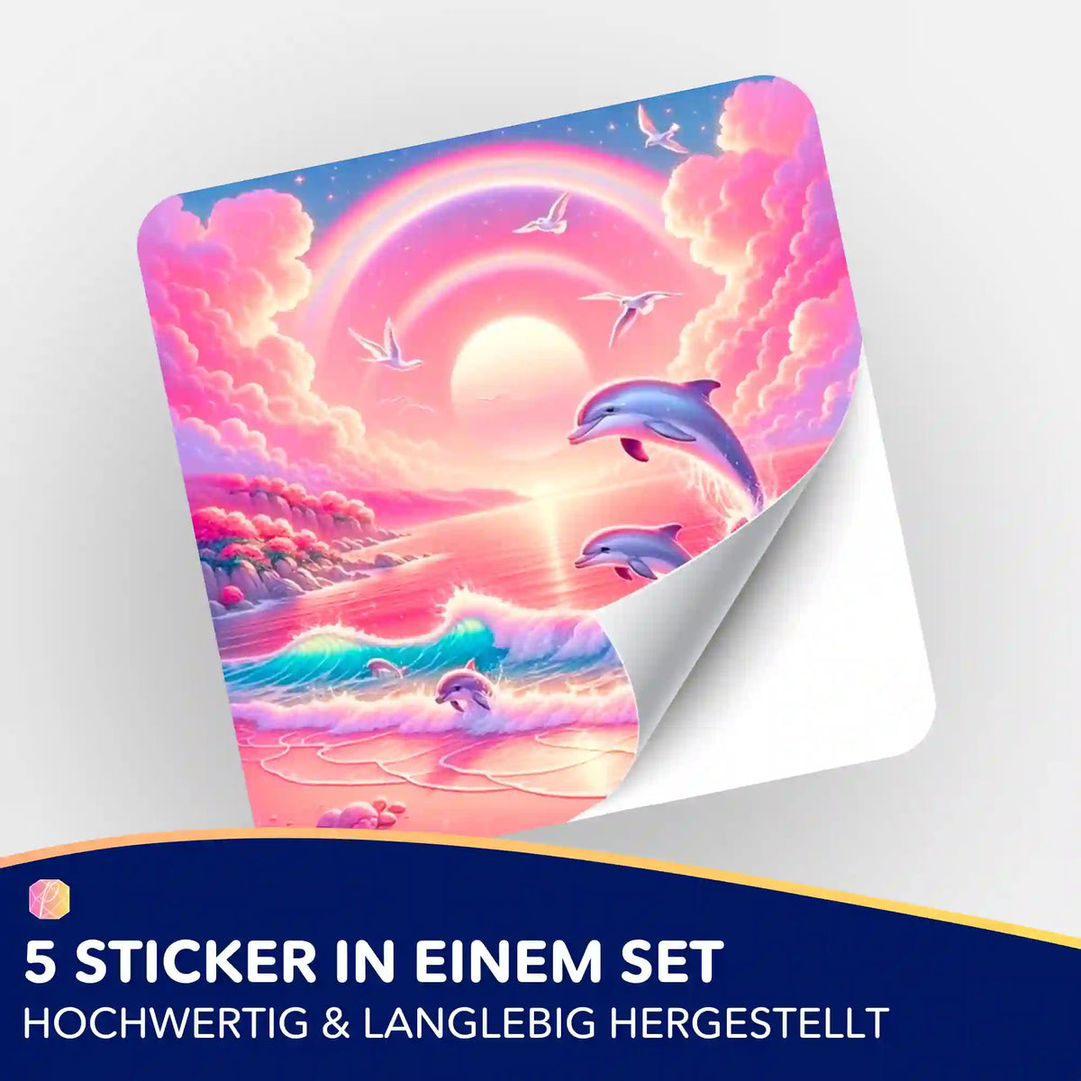 Pinkes Meeresrauschen Sticker-Set für Diamond Painting Zubehör mit Delphin-Motiv, Regenbogen und Sonnenuntergang