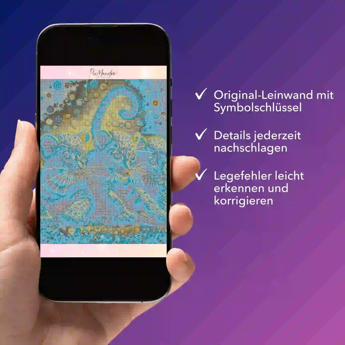Digitale Diamond Painting Bildmappe auf Smartphone zur Kontrolle von Leinwand Details und Symbolsatz für dein Projekt.